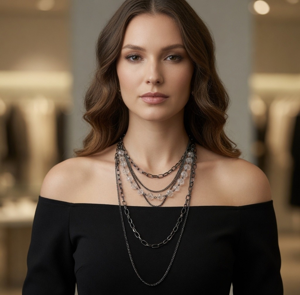 Silver Tone Multi Layer Beaded Necklace Statement Costume Jewelry Women's VG